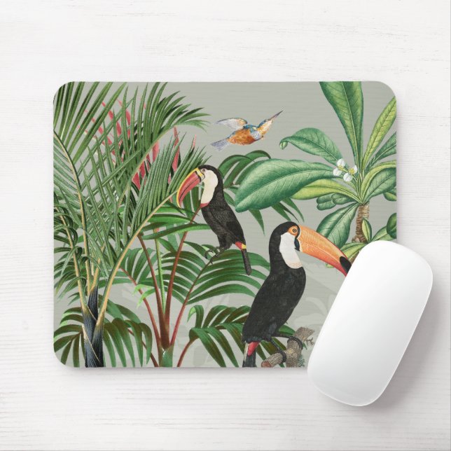 Tapis De Souris Aquarelle Forêt tropicale et Oiseaux du Toucan (Avec souris)