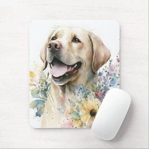Tapis De Souris Aquarelle Golden Labrador Retriever et Fleurs