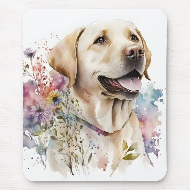 Tapis De Souris Aquarelle Golden Labrador Retriever et Fleurs (Devant)