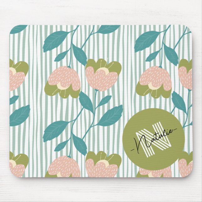 Tapis De Souris Aquarelle initiale Pastel olive et bleu Fleurs (Devant)