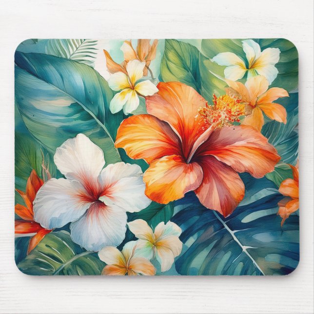 Tapis De Souris Aquarelle Jardin hawaïen Hibiscus tropical (Devant)