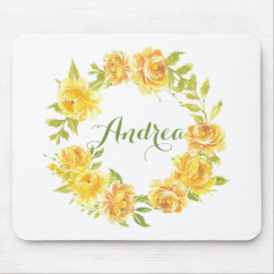Tapis De Souris Aquarelle Jaune Roses Floral Wreath Personnalisé