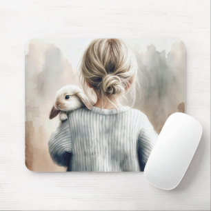Tapis De Souris Aquarelle Jeune fille avec lapin animal