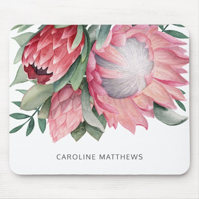 Tapis De Souris Aquarelle King Protea Bouquet Botanique avec nom (Devant)