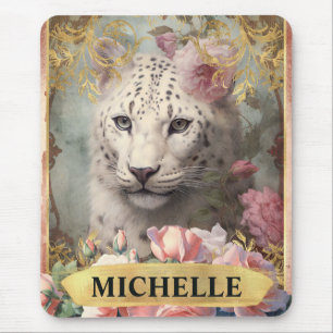 Tapis De Souris Aquarelle Léopard Blanc Vintage et Roses Roses
