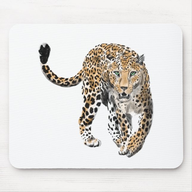 Tapis De Souris aquarelle léopard jungle chat animal peint vert (Devant)