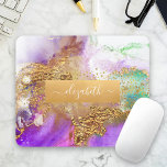 Tapis De Souris Aquarelle marbre or violet rose vert glam chic<br><div class="desc">Une bande brillante et imitation dorée avec votre nom de typographie de script recouvre un riche, veiné or, violet, bleu aqua vert, et blanc arrière - plan d'aquarelle sur cet élégant, tendance, girly, nom personnalisé mousepad. Fait une déclaration chic et élégante à chaque utilisation. Un grand cadeau pour un ami,...</div>