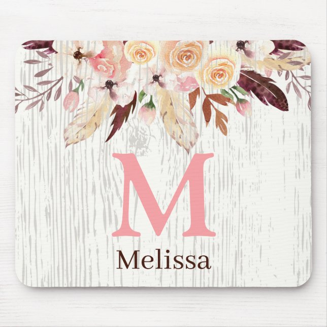 Tapis De Souris Aquarelle monochrome sur bois blanc rustique (Devant)