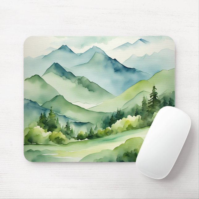 Tapis De Souris Aquarelle Montagnes et arbres (Avec souris)