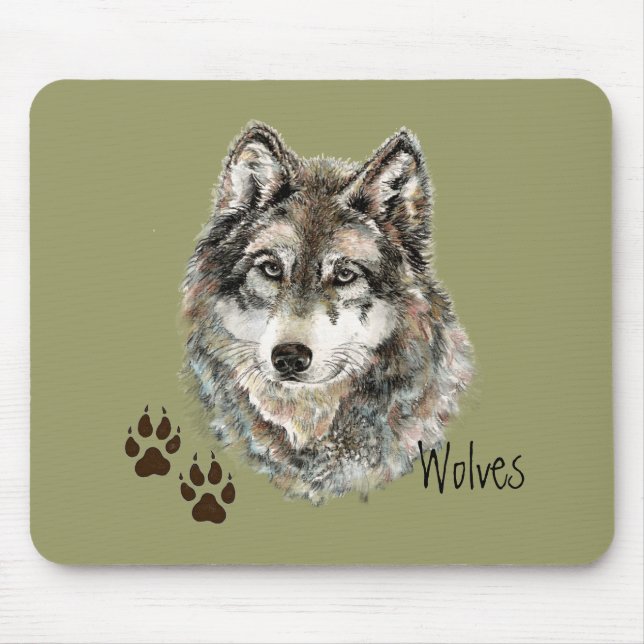 Tapis De Souris Aquarelle originale Loup gris - Traces animal (Devant)