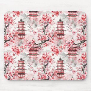 Tapis De Souris Aquarelle Pagode chinoise aux fleurs de cerisiers