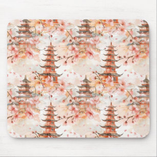 Tapis De Souris Aquarelle Pagode chinoise avec fleurs de cerisiers