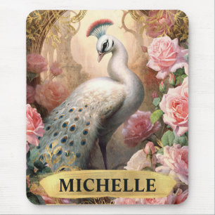 Tapis De Souris Aquarelle Paon Blanc Vintage et Roses Roses