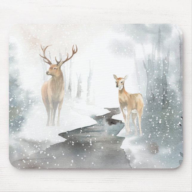 Tapis De Souris Aquarelle paysage de cerfs d'hiver (Devant)