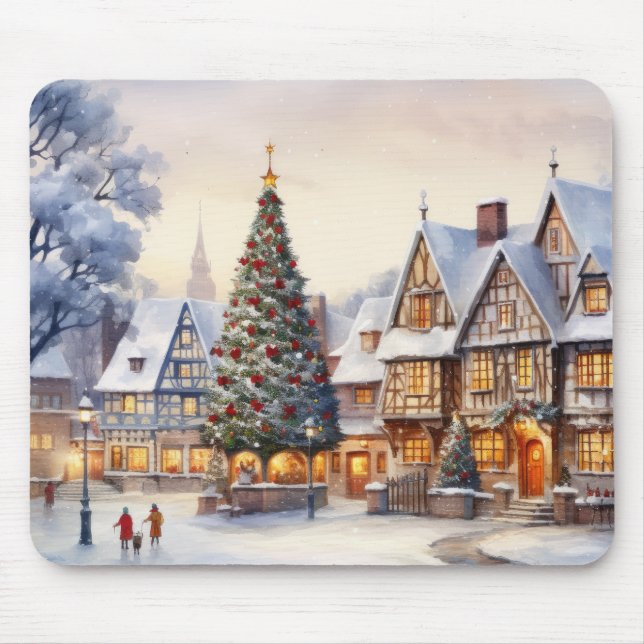 Tapis De Souris Aquarelle Paysage hivernal Village de Noël (Devant)