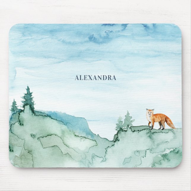 Tapis De Souris Aquarelle Paysage mignonne Forêt forestière Fox (Devant)
