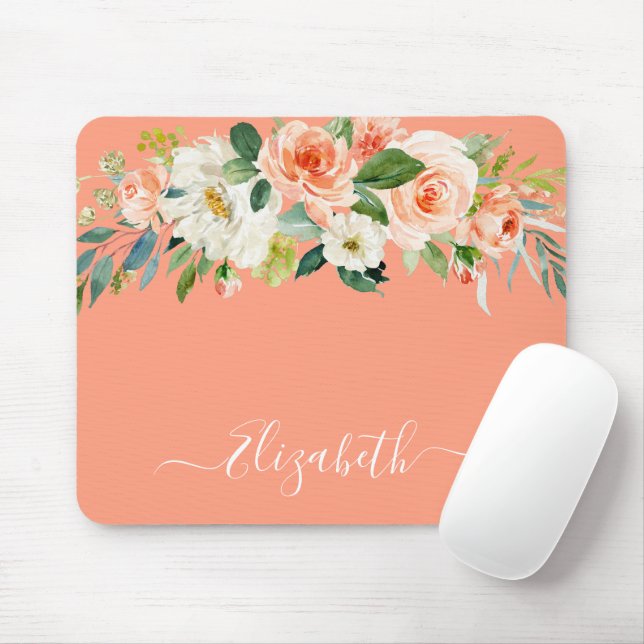 Tapis De Souris Aquarelle Peach White Floral Script tendance (Avec souris)