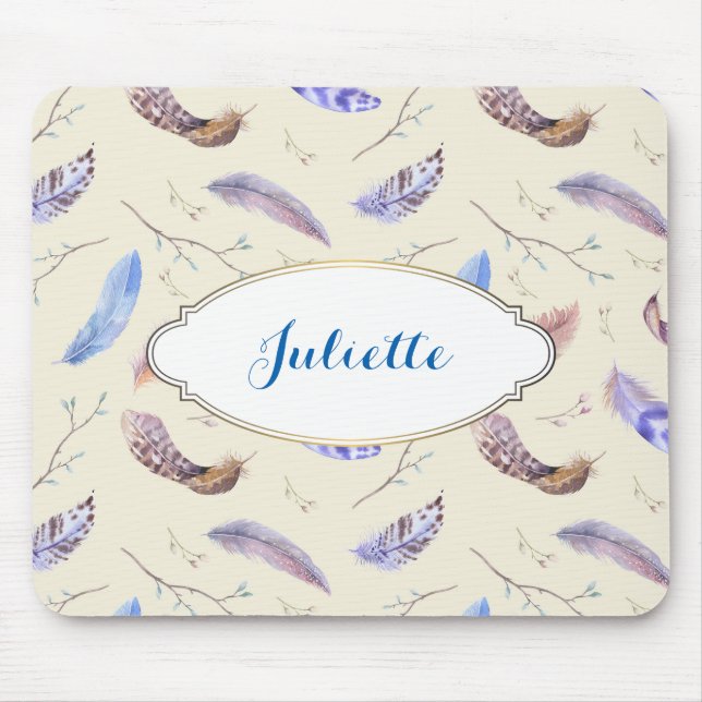 Tapis De Souris Aquarelle Plumes Feuilles et Branches Motif (Devant)