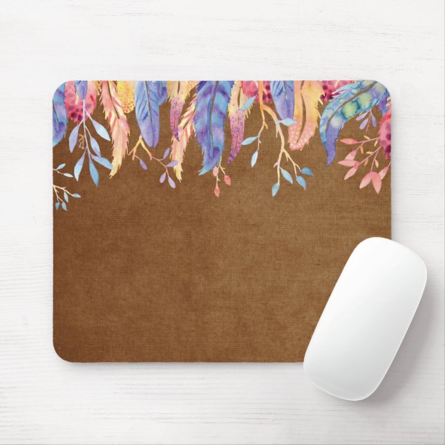 Tapis De Souris Aquarelle Plumes Sur Brun (Avec souris)