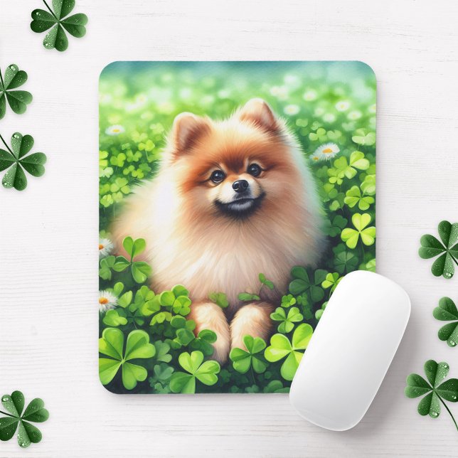 Tapis De Souris Aquarelle Pomeranian Shamrock vert (Créateur téléchargé)