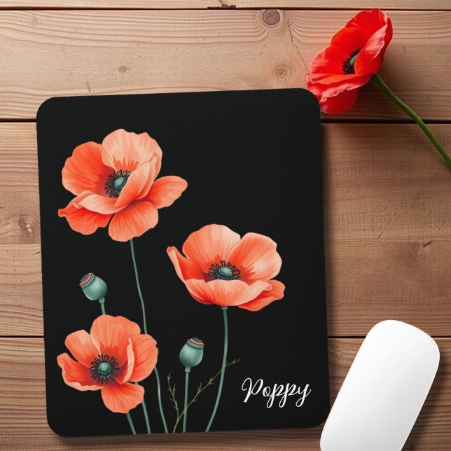 Tapis De Souris Aquarelle Populaire Fleur Art Nom Floral Souris Pa (Pop your name on this pretty poppy mouse pad)