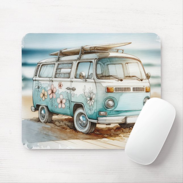 Tapis De Souris Aquarelle Retro Campervan Avec Surf (Avec souris)