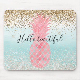Tapis De Souris Aquarelle rose Ananas tropique Aqua Ombre or