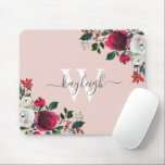 Tapis De Souris Aquarelle rose Bourgogne Rose Floral Monogramme<br><div class="desc">Aquarelle rose bordeaux rose de pivoine florale personnalisée monogrammed Souris Pad. Bourgogne, marsala, roses de pivoine d'aquarelle blanche, design botanique à l'autruche fleurie avec feuilles vert foncé et baies sur arrière - plan rose pastel. Présentez une élégante conception de typographie manuscrite tourbillonnant avec votre nom, monogramme et joli arrangement bordeaux...</div>