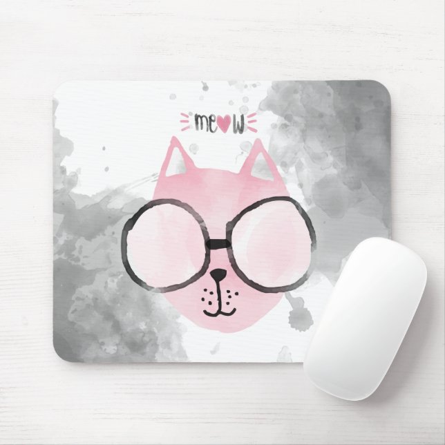 Tapis De Souris Aquarelle rose chat cool Meow (Avec souris)