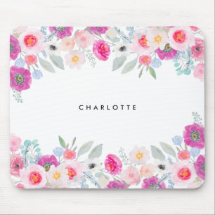Tapis De Souris Aquarelle rose et violet pastel Garland floral