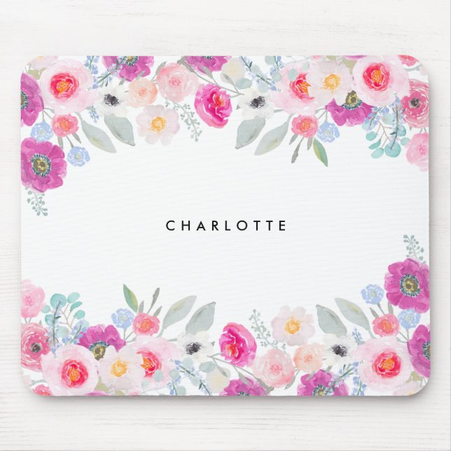Tapis De Souris Aquarelle rose et violet pastel Garland floral (Devant)