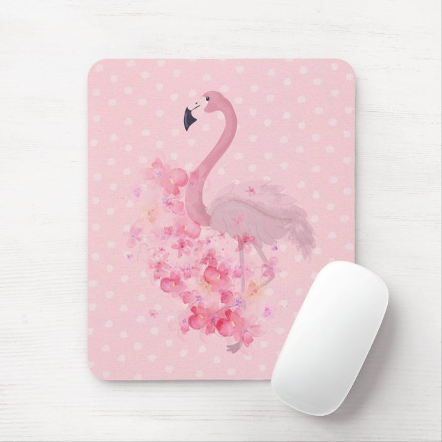 Tapis De Souris Aquarelle rose Flamant rose Floral et points (Avec souris)