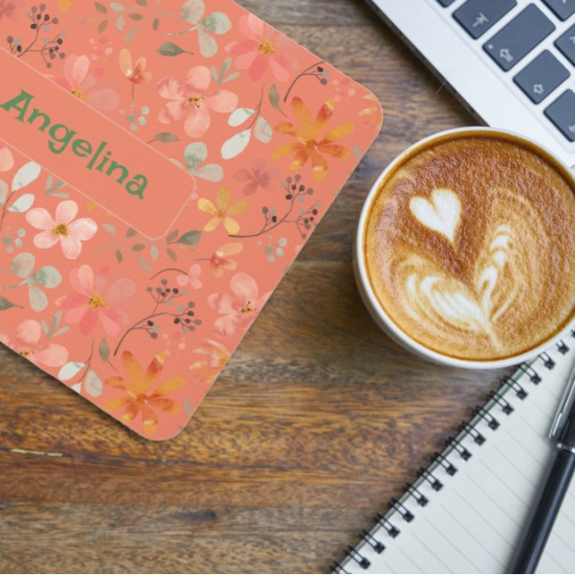 Tapis De Souris Aquarelle rose motif carré de corail botanique (Créateur téléchargé)