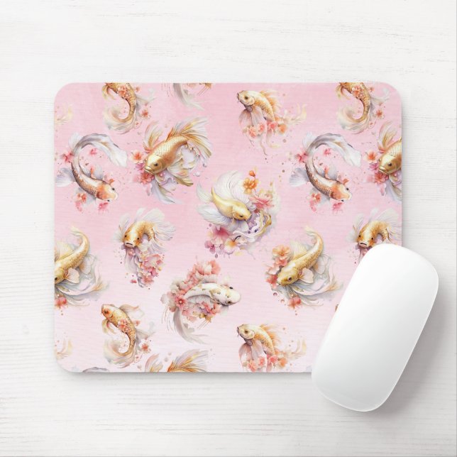 Tapis De Souris Aquarelle rose or Koi Poisson Floral (Avec souris)