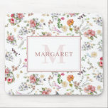 Tapis De Souris Aquarelle Rose rose Floral Monogramme<br><div class="desc">Monogramme mousepad avec fleurs roses de jardin en aquarelle. Parfait pour toutes les occasions.</div>