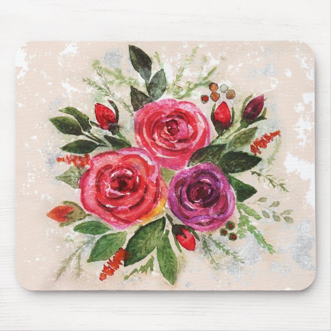 Tapis De Souris Aquarelle rose violet rose fleurs florales feuille (Devant)