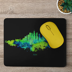 Tapis De Souris Aquarelle Skyline de Chicago en bleu et citron ver