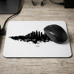 Tapis De Souris Aquarelle Skyline de Chicago noir et blanc