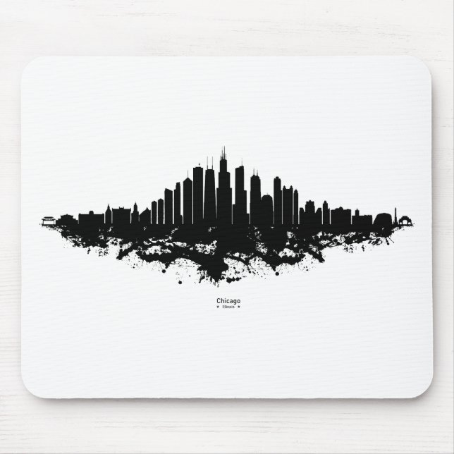 Tapis De Souris Aquarelle Skyline de Chicago noir et blanc (Devant)