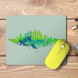 Tapis De Souris Aquarelle Skyline de New York en bleu et en citron