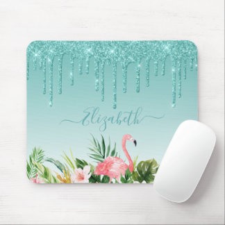 Tapis De Souris Aquarelle Tropical Floral Parties scintillant Turq