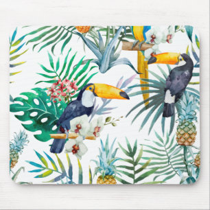 Tapis De Souris Aquarelle tropicale d'oiseau de perroquet d'ananas