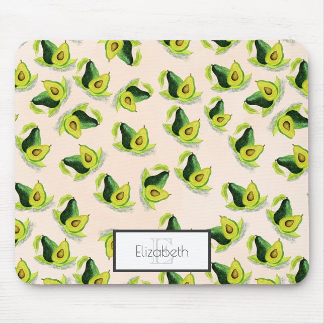 Tapis De Souris Aquarelle vert Avocados Motif avec monogramme (Devant)