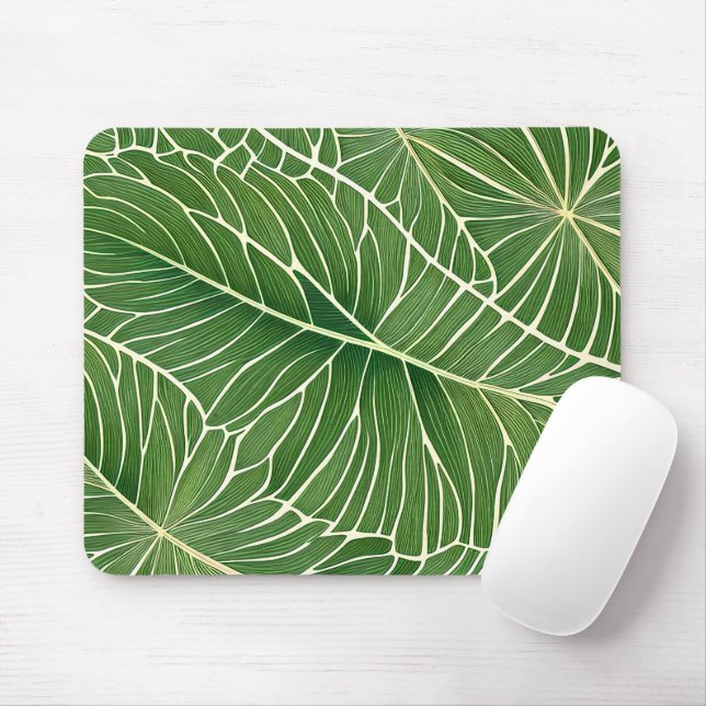 Tapis De Souris Aquarelle Vert Feuilles tropicaux (Avec souris)