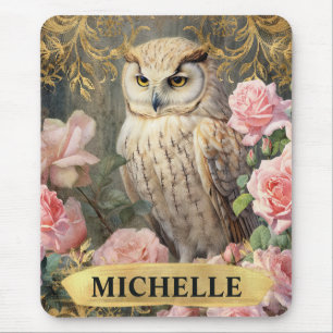 Tapis De Souris Aquarelle Vintage Chouette blanche et roses roses