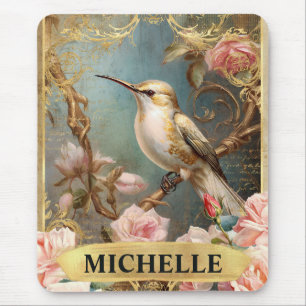 Tapis De Souris Aquarelle Vintage Colibri Blanc & Roses Roses