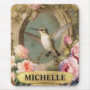 Tapis De Souris Aquarelle Vintage Colibri Blanc & Roses Roses