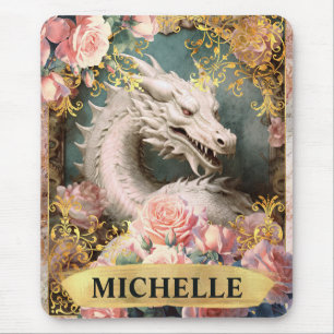 Tapis De Souris Aquarelle Vintage Dragon Blanc et Roses Roses