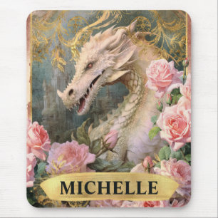 Tapis De Souris Aquarelle Vintage Dragon Blanc et Roses Roses