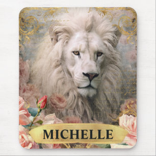 Tapis De Souris Aquarelle Vintage Lion Blanc et Roses Roses